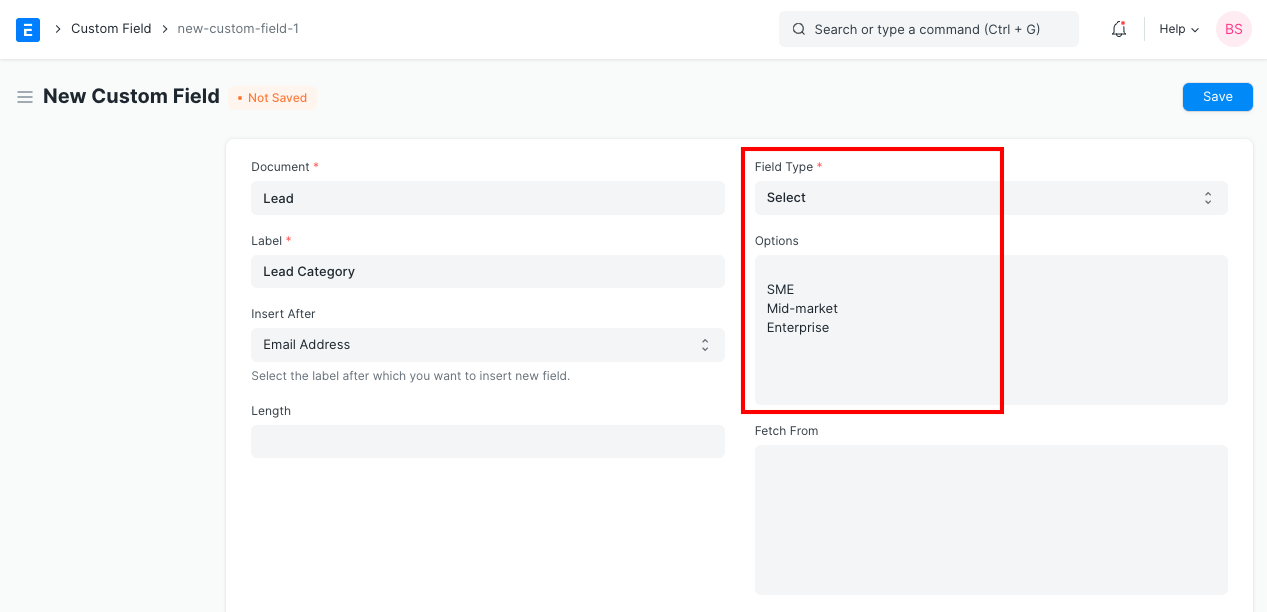 Campo personalizzato con Fieldtype come Select