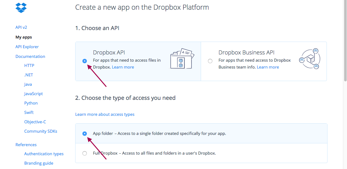 Scegli l'API Dropbox e digita come cartella DELL'APP