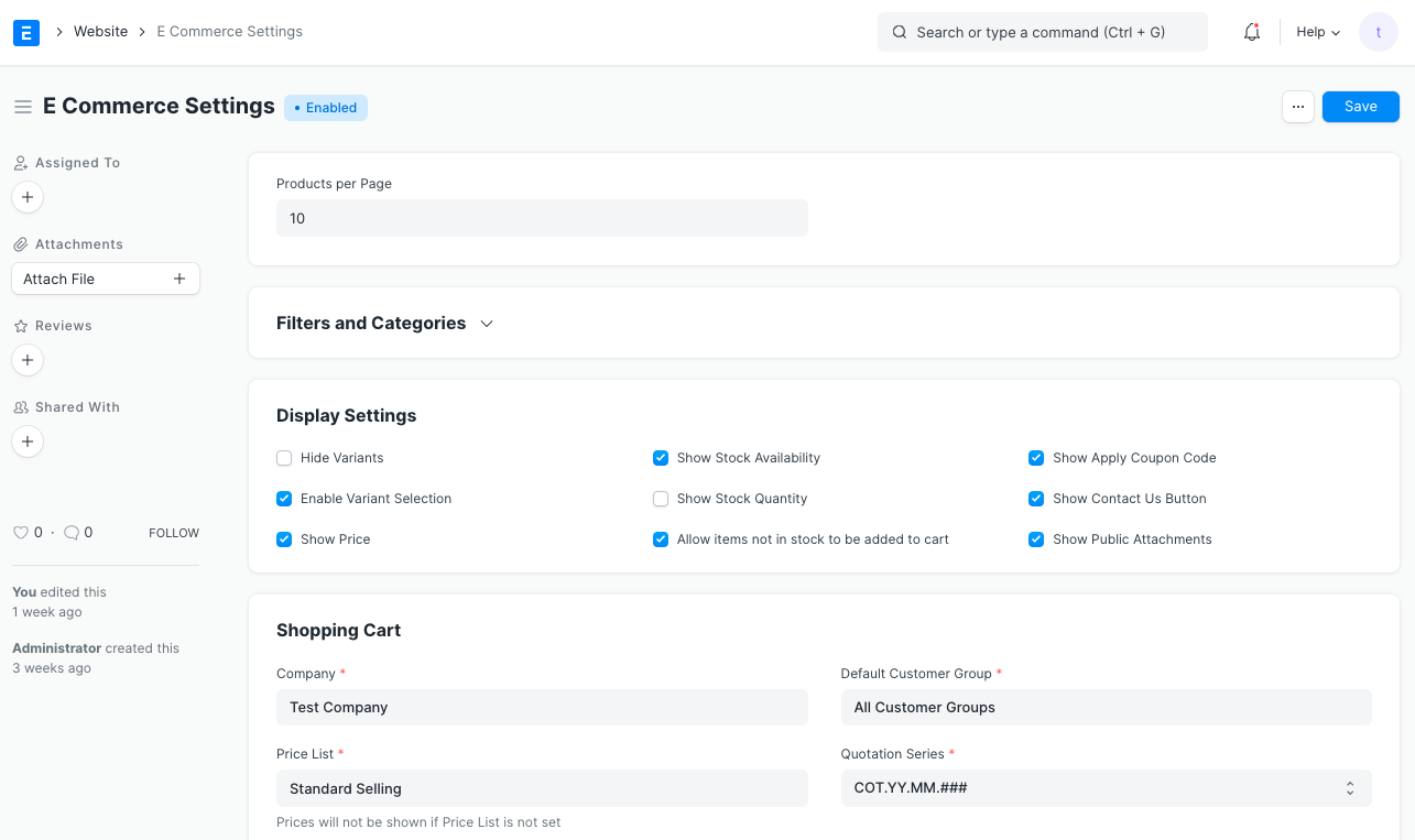 Impostazioni E Commerce