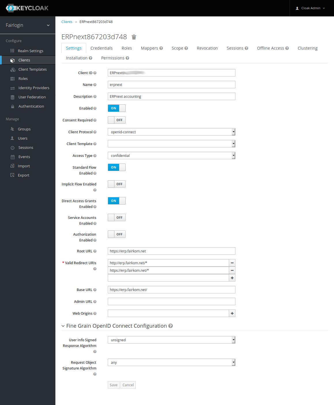 Impostazioni ERPnext keycloak