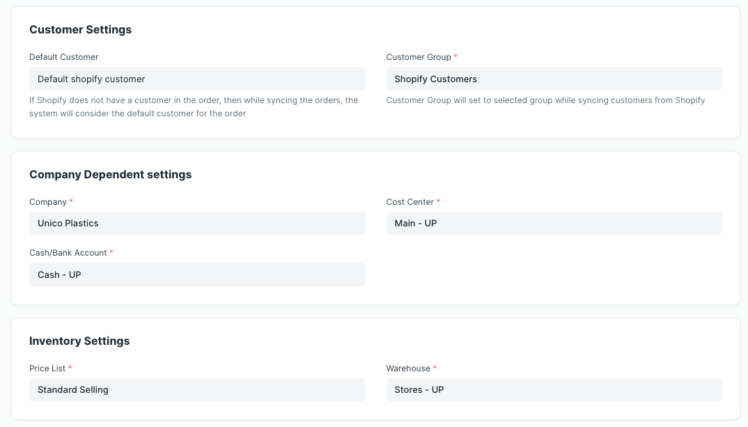 Pagina impostazioni Shopify