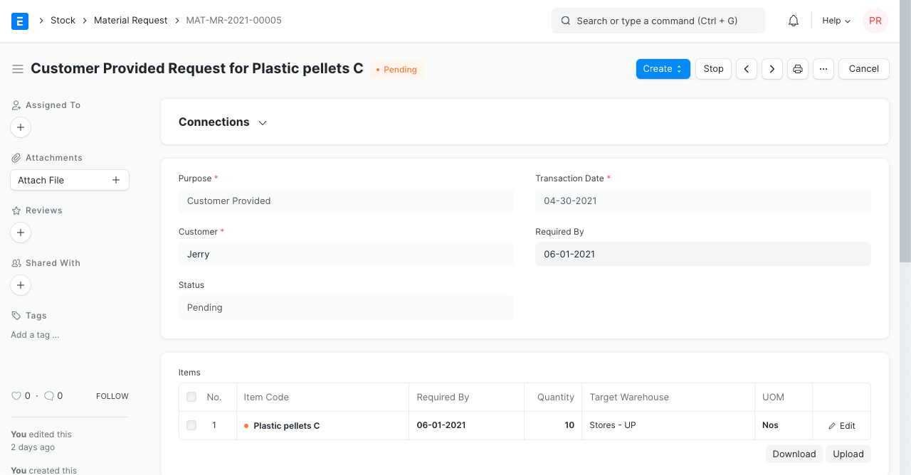 Richiesta di materiale fornita dal cliente