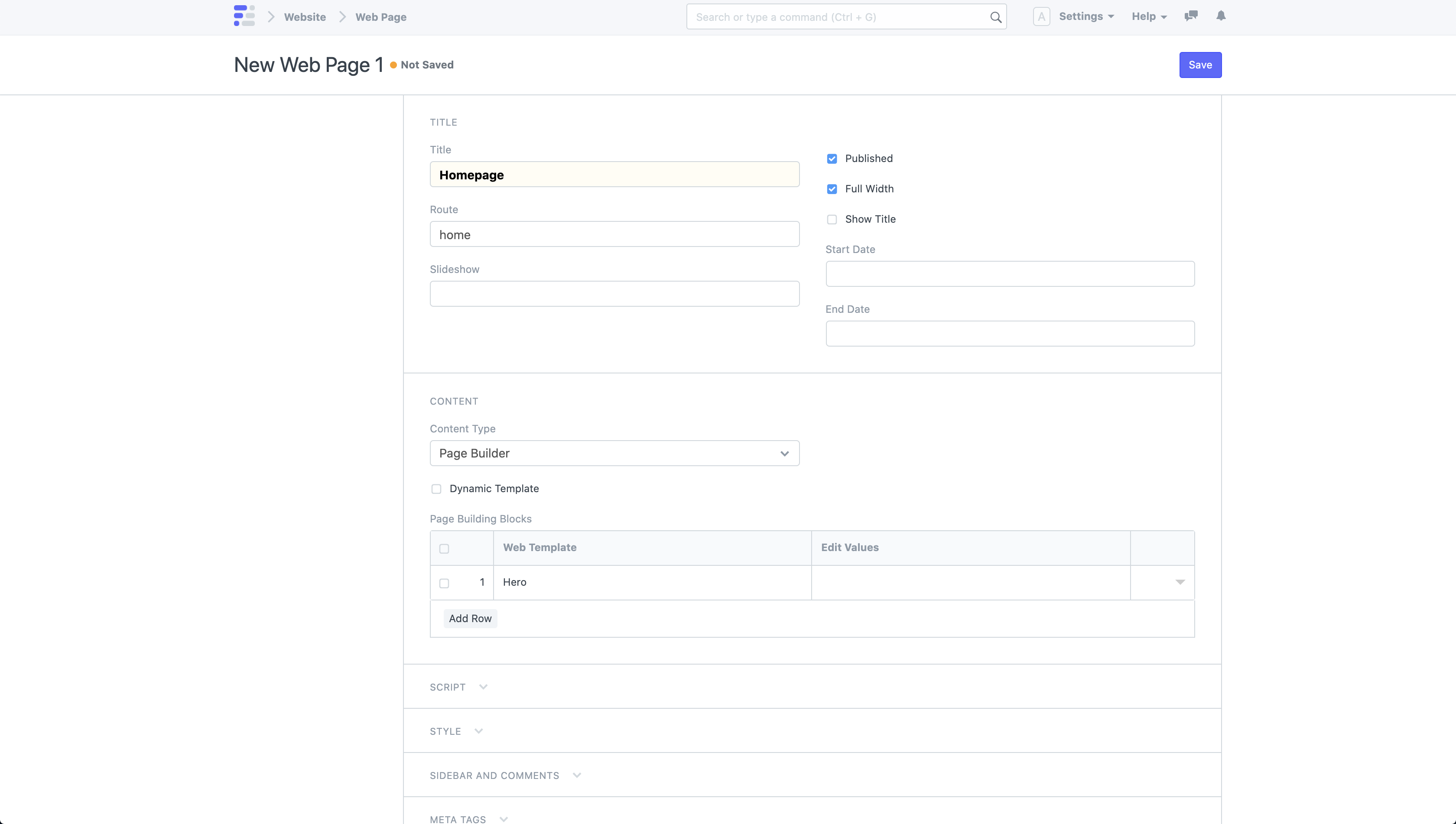 Nuova pagina Web con Page Builder