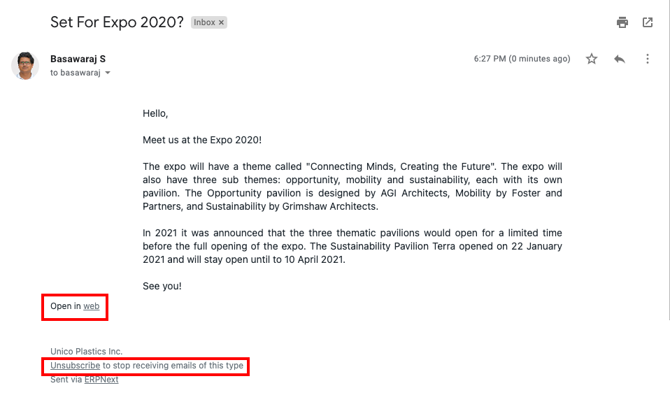 Newsletter con link di annullamento dell'iscrizione