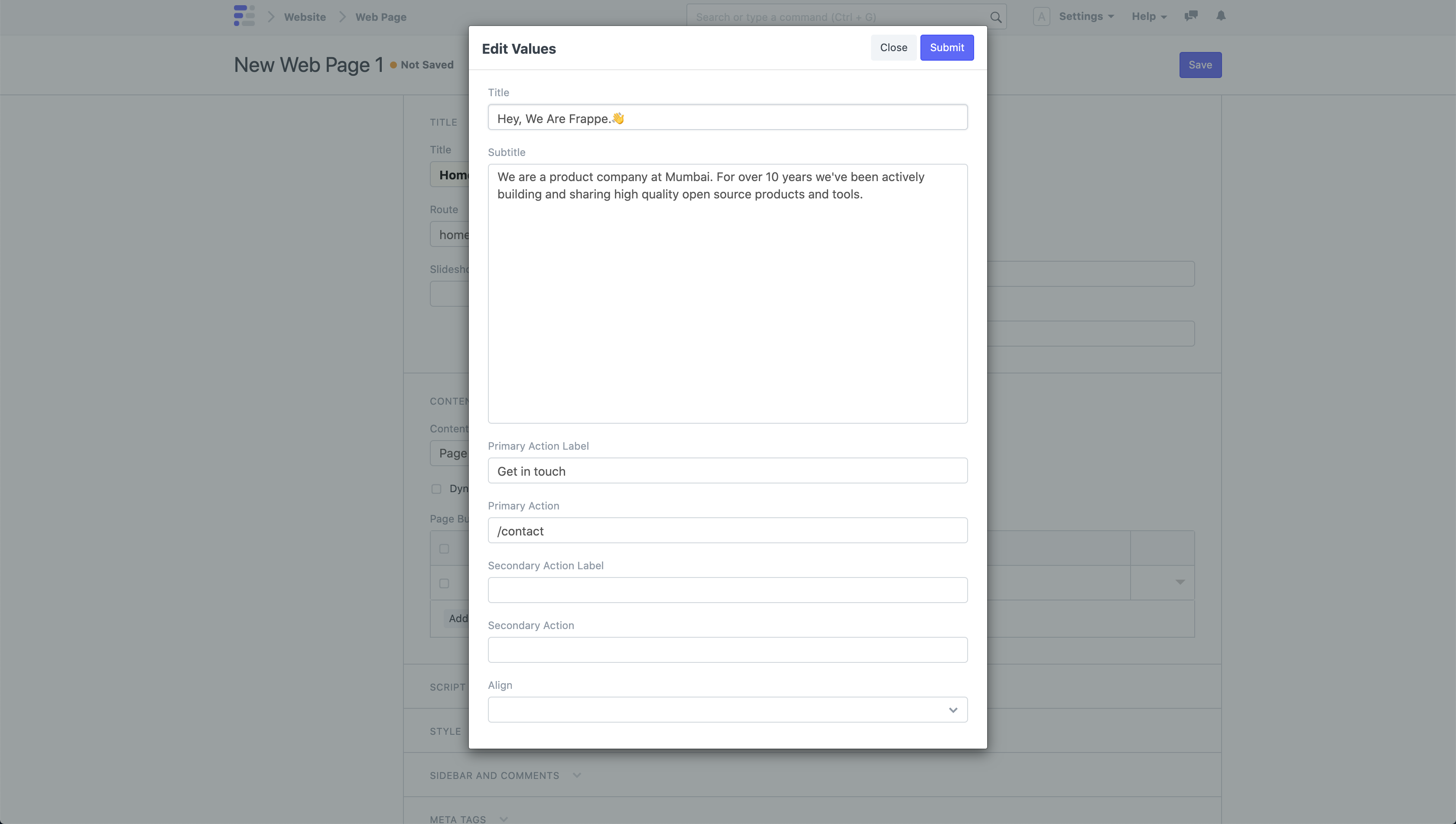 Finestra di dialogo Modifica valori di Page Builder
