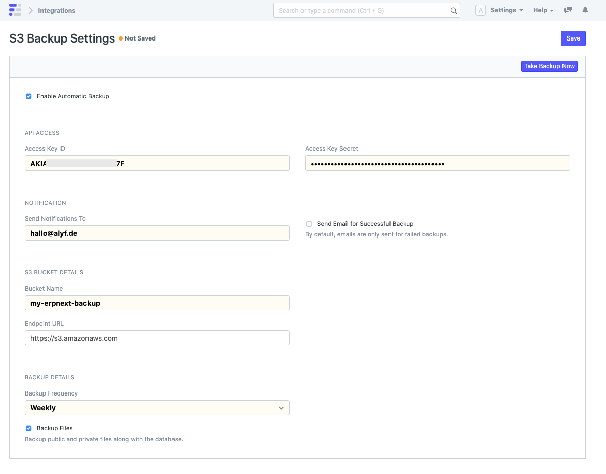 Impostazioni di backup S3 in ERPNext
