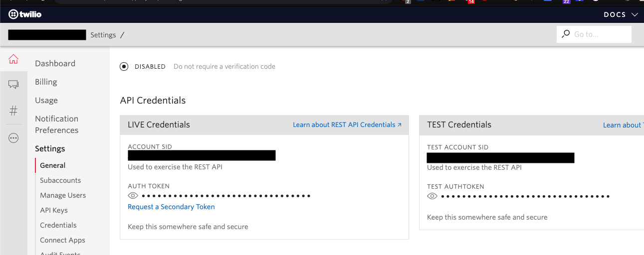 Credenziali API Twilio
